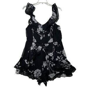 City Chic NWT Womens M Playsuit Black Gray Floral Ruffle Sheer Flouncy Romper